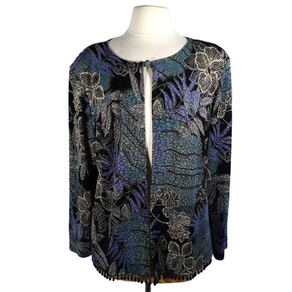Floral Patterned Women's Jacket - Black and Blue - Picture 1 of 8